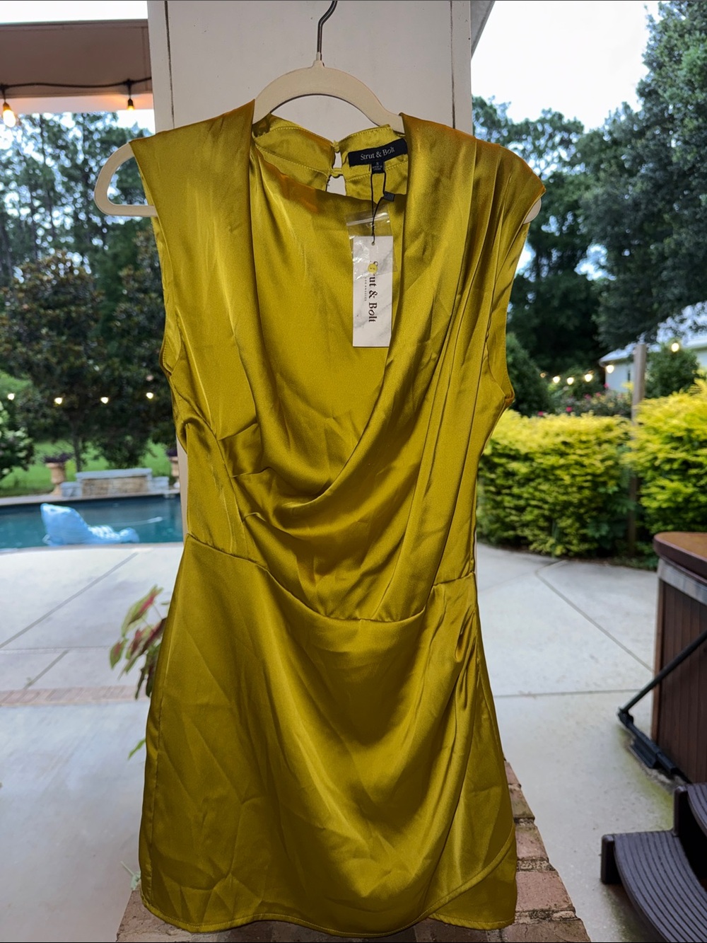 Strut & Bolt Chartreuse Satin Cowl Mini Dress